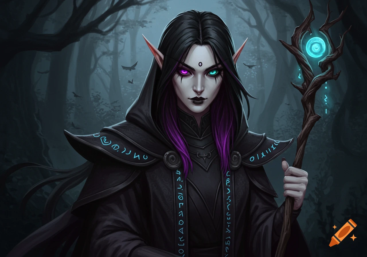 A dark fantasy elf or druid with purple and cyan eyes, wearing a dark hooded cloak, holding a glowing staff in a forest.