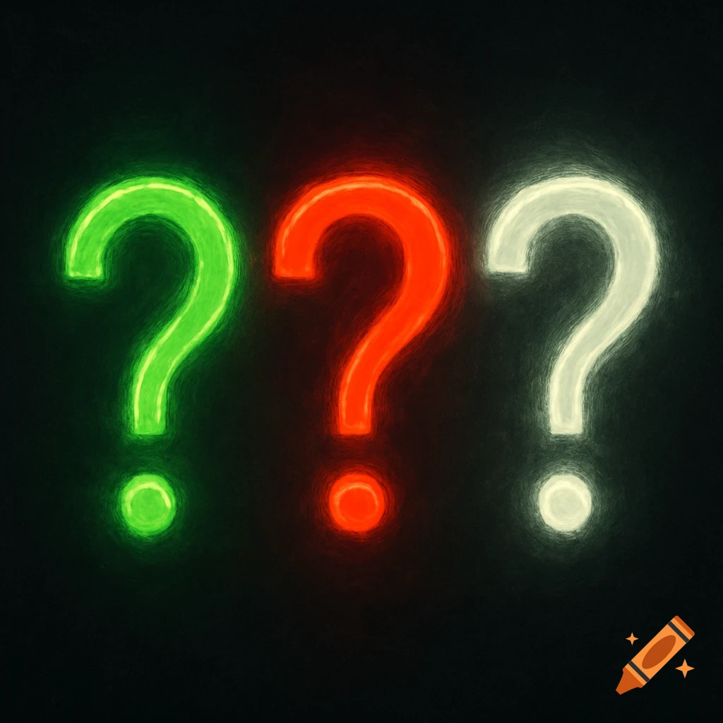 Three neon question marks, green, red, and white, on a dark background.