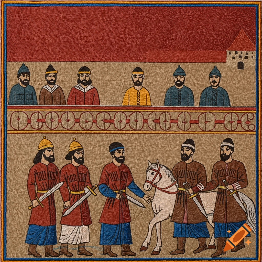 Embroidery depicting historical figures in traditional clothing with swords and a horse, in front of a building.