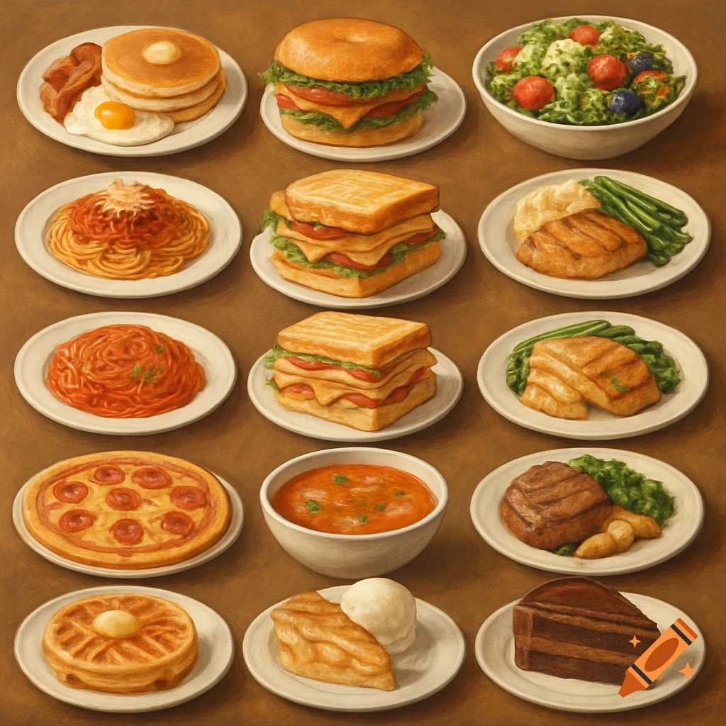 Multiple plates of various food items including pancakes, sandwiches, pasta, steak, soup, pizza, pie, and cake.
