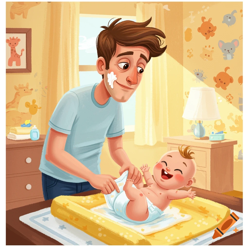 Cartoon illustration of a father changing a happy baby's diaper in a sunny nursery.