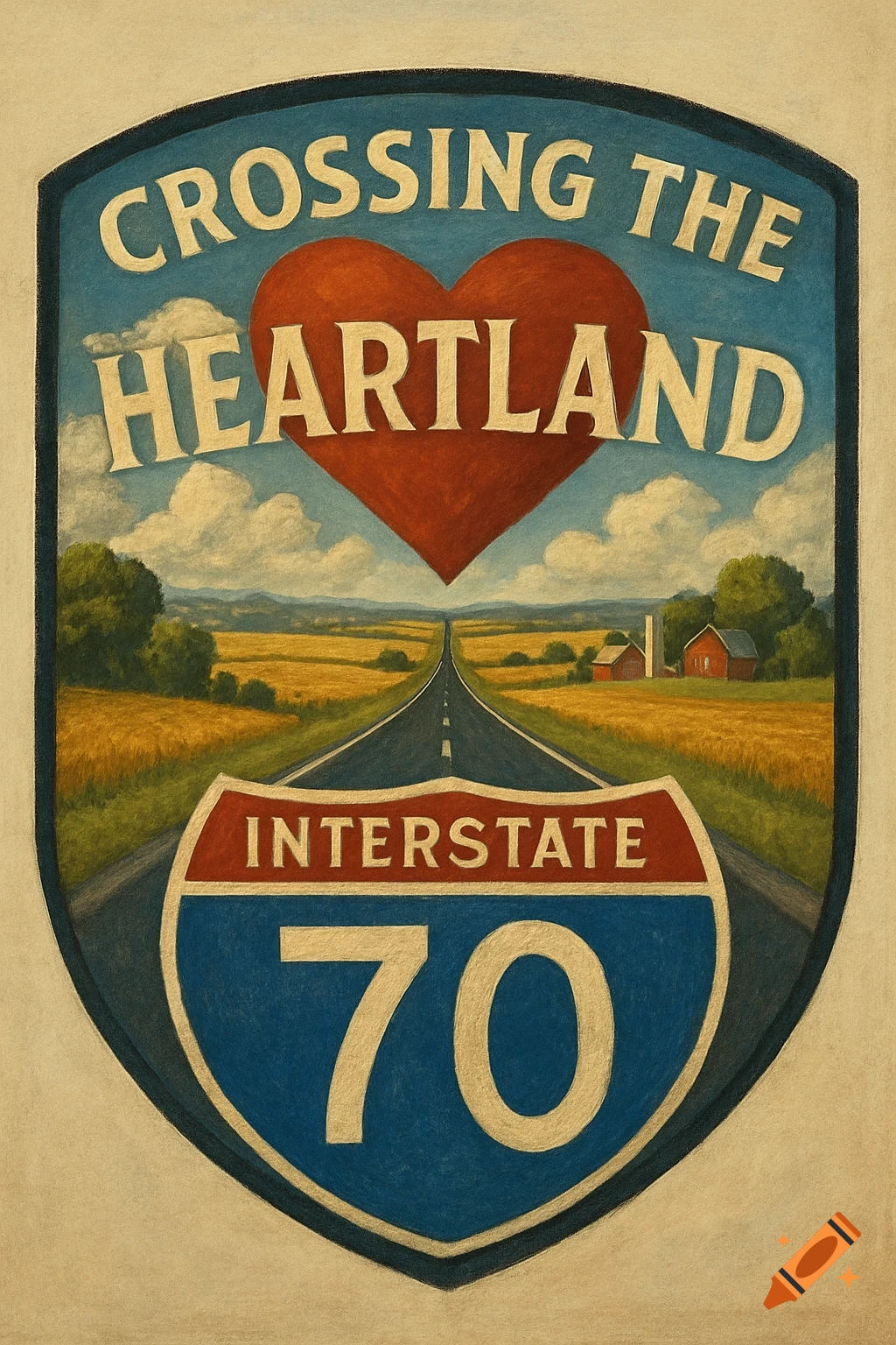 Shield logo illustration with a red heart, a road, fields, and barns. Text reads 'Crossing the Heartland' and 'Interstate 70 sign'.