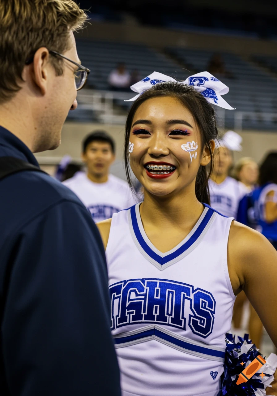 A young Asian cheerleader with braces, face paint, and uniform smiles while talking to a white man.