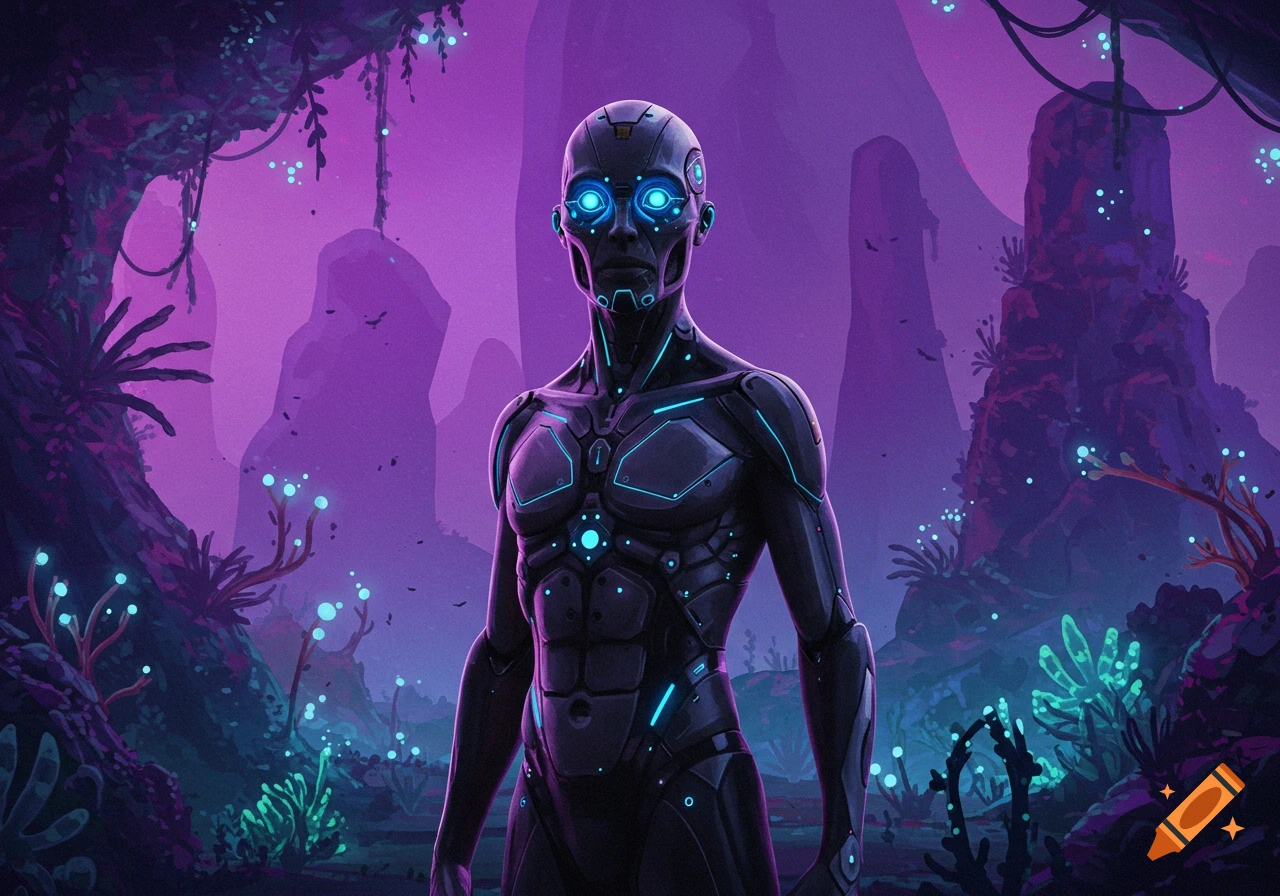 Humanoid robot standing in a glowing alien landscape
