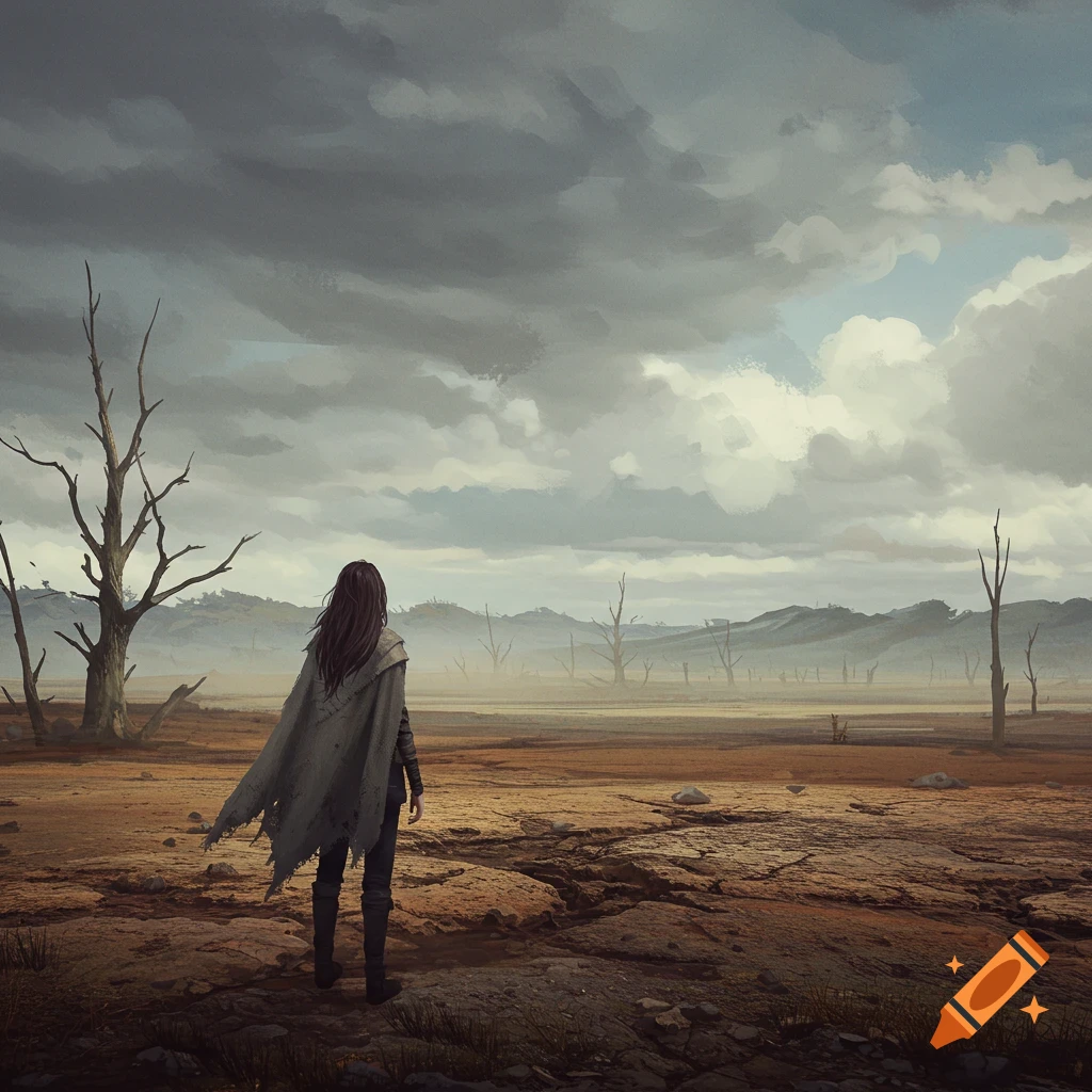 A figure in a tattered cape overlooks a desolate landscape under a stormy sky.