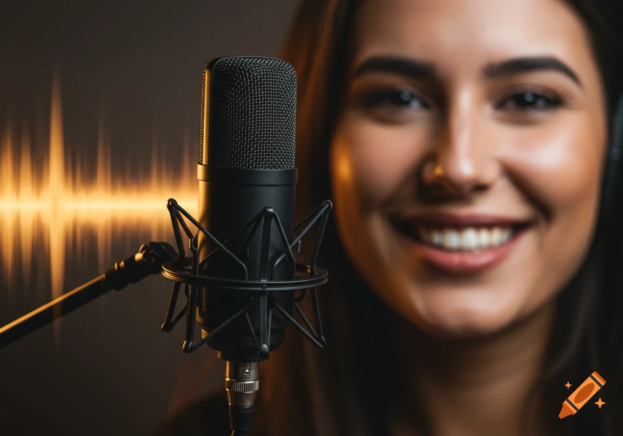 A focused view of a studio microphone with a blurred, smiling face behind it and an abstract soundwave pattern.