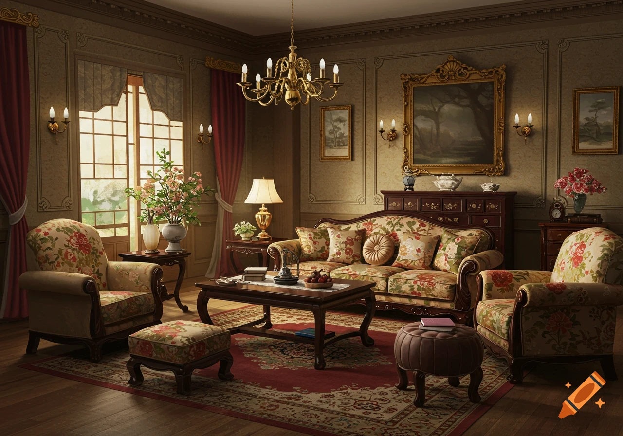 Luxurious Victorian-style living room with floral sofa and chairs, ornate decor, and large window.