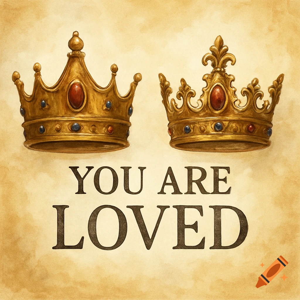 Two golden crowns above the text YOU ARE LOVED on a textured background in a painted style.