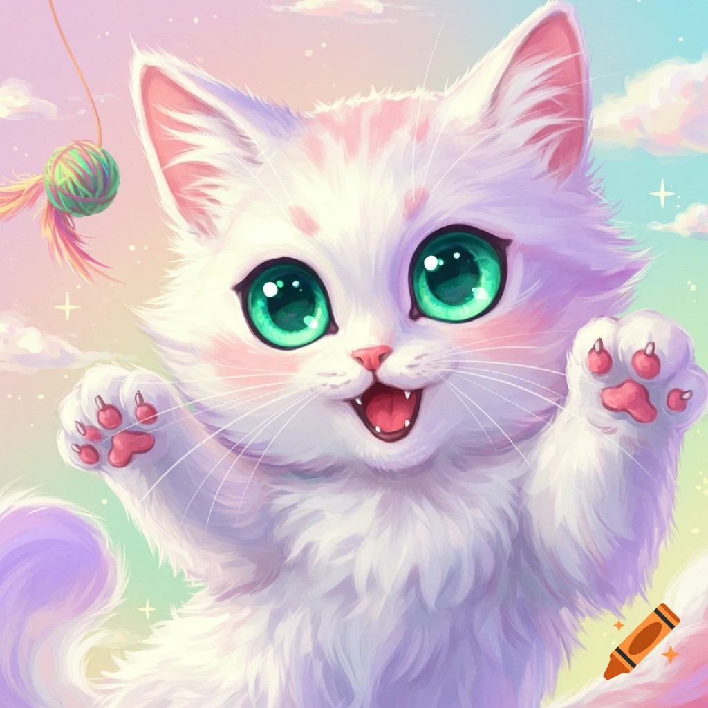 Cute white cartoon cat with big green eyes reaching towards the viewer, playing with a toy.