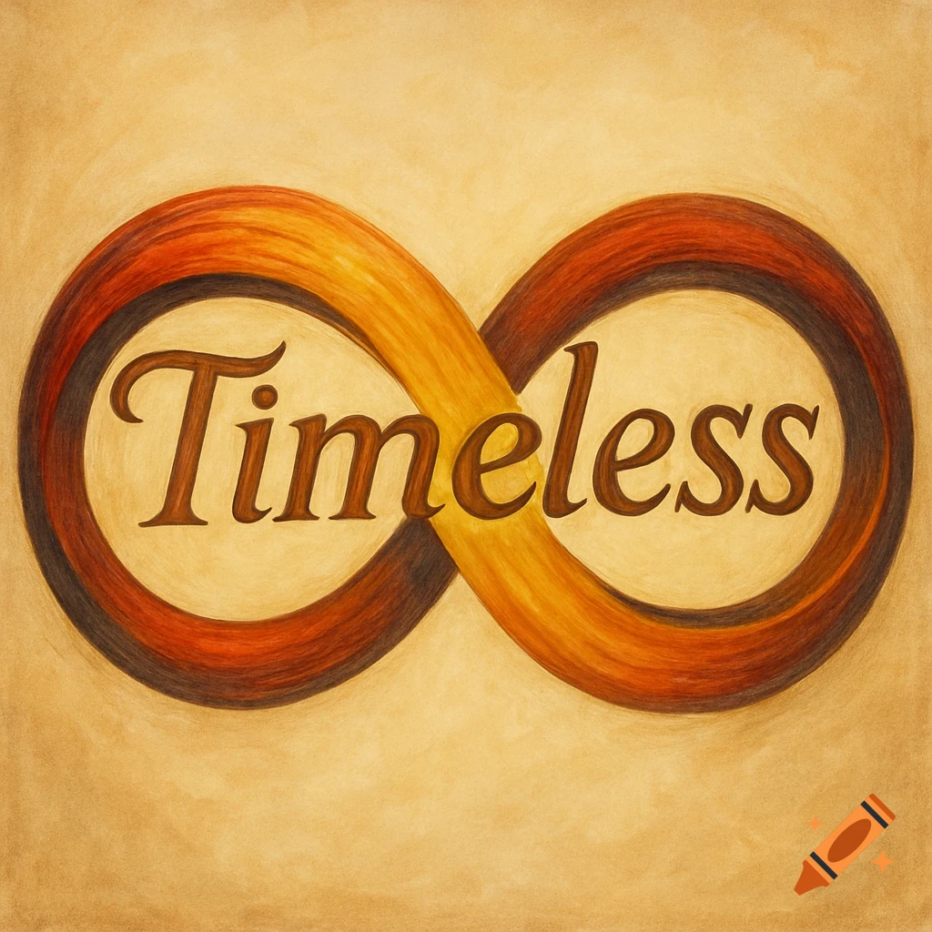 An infinity symbol with the word 'Timeless' inside, in a painted style.