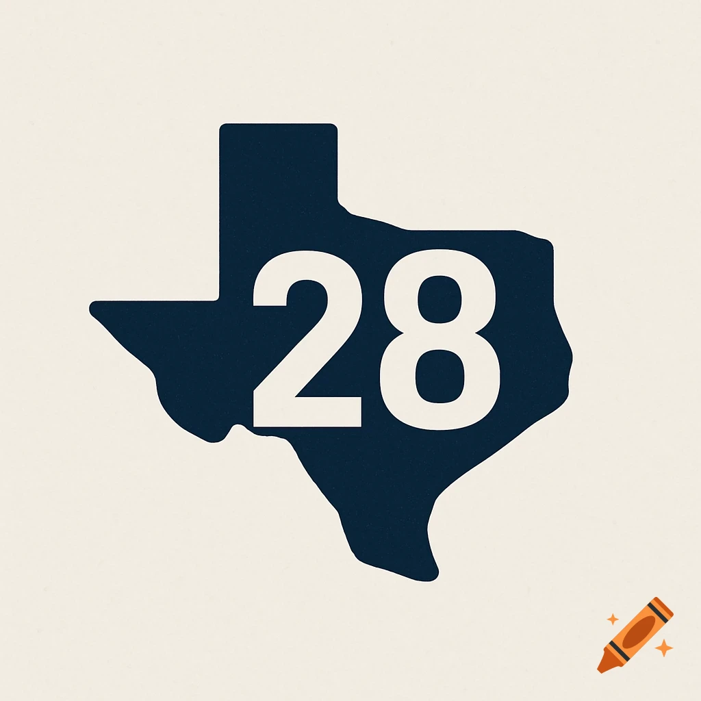 Logo of the number 28 inside the shape of Texas