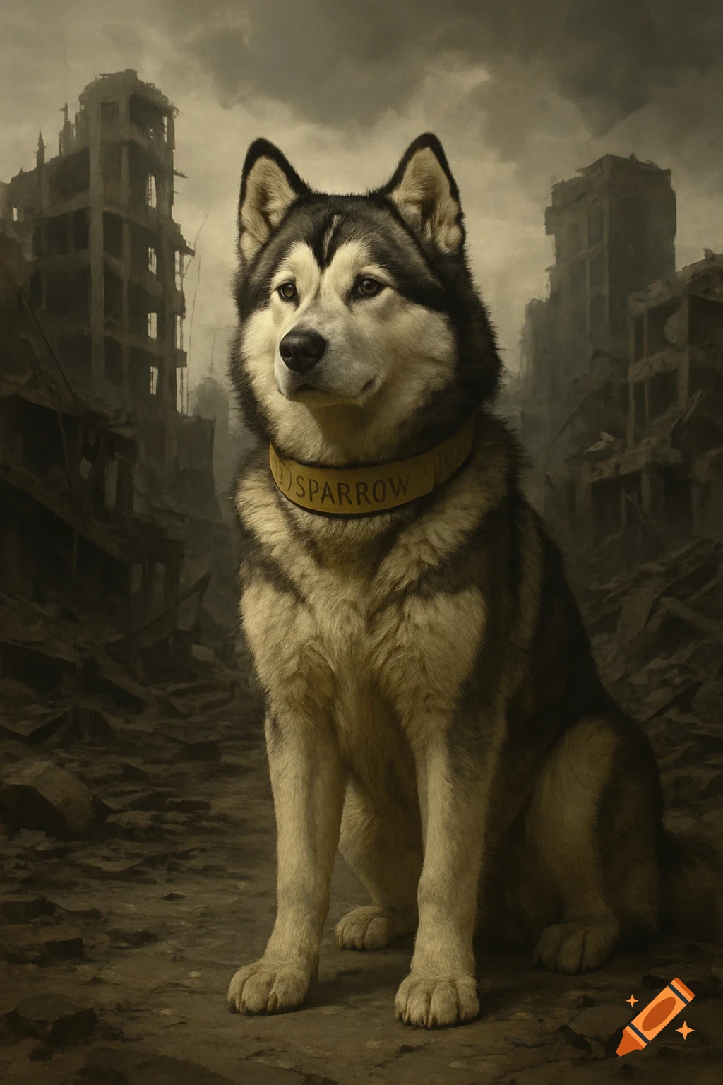An Alaskan Malamute wearing a collar in a ruined city.