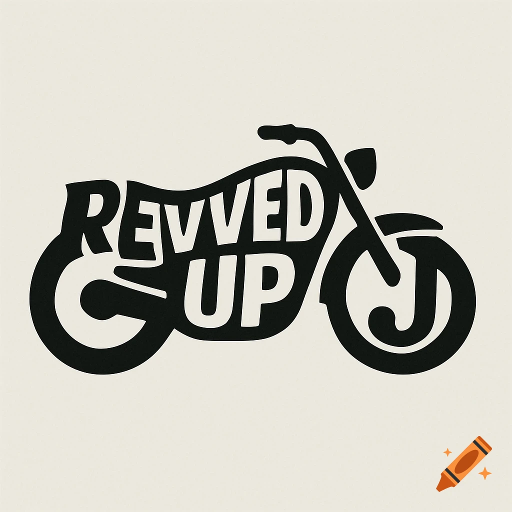 Black and white logo of a motorcycle with the text REVVVED UP J
