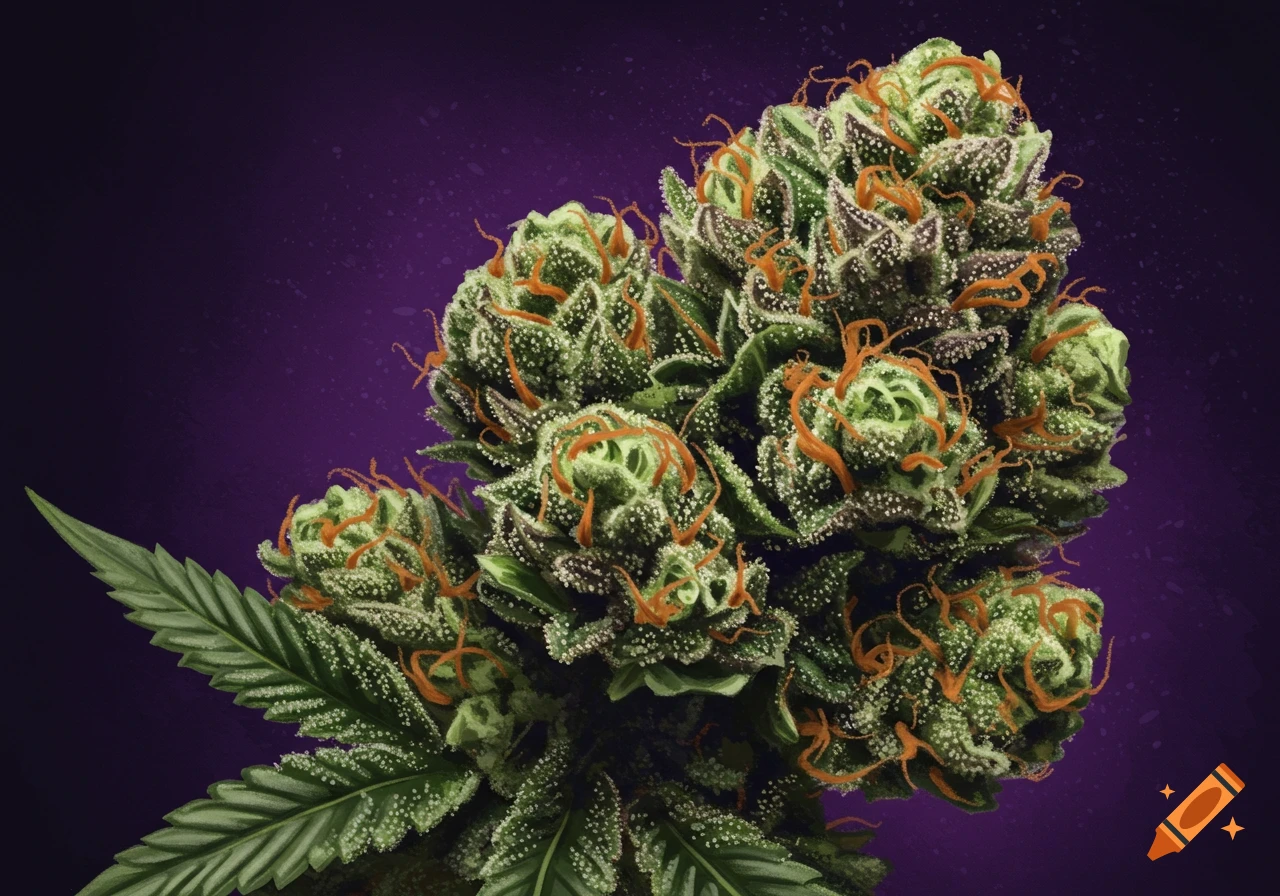 Cannabis buds and a leaf on a purple background