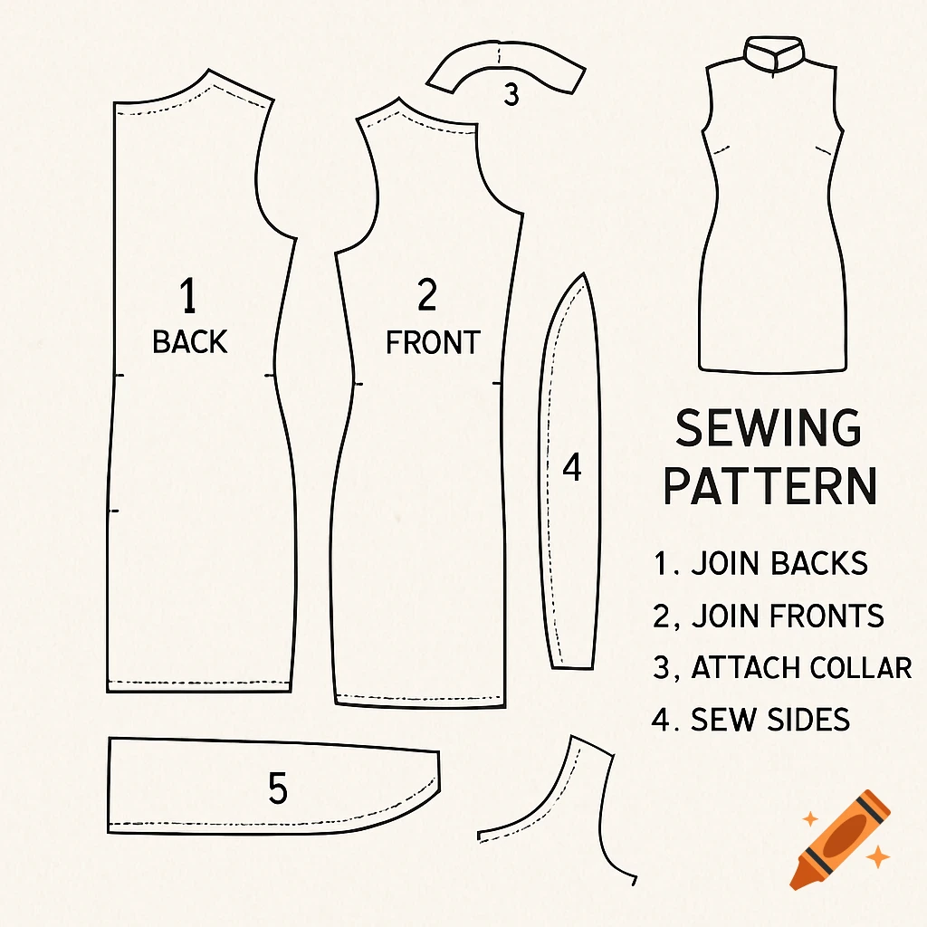 Line drawing of a sewing pattern for a fitted mini dress with a mandarin collar, showing pattern pieces and steps.