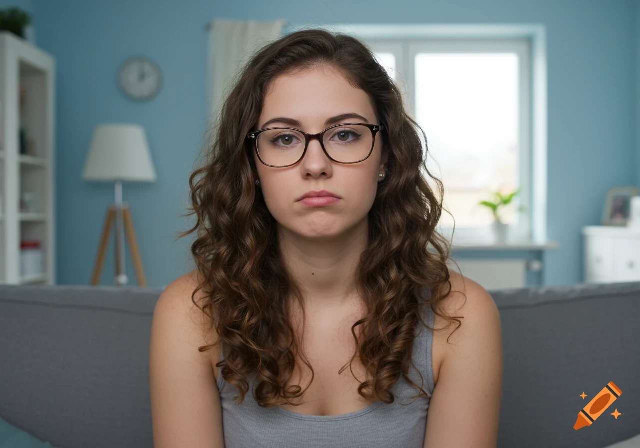 Young woman with glasses and wavy hair in a tank top sits in a living room
