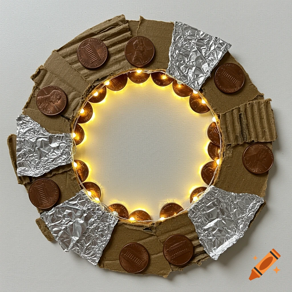 A circular craft object made from corrugated cardboard, pennies, crumpled foil, and a ring of LED lights.