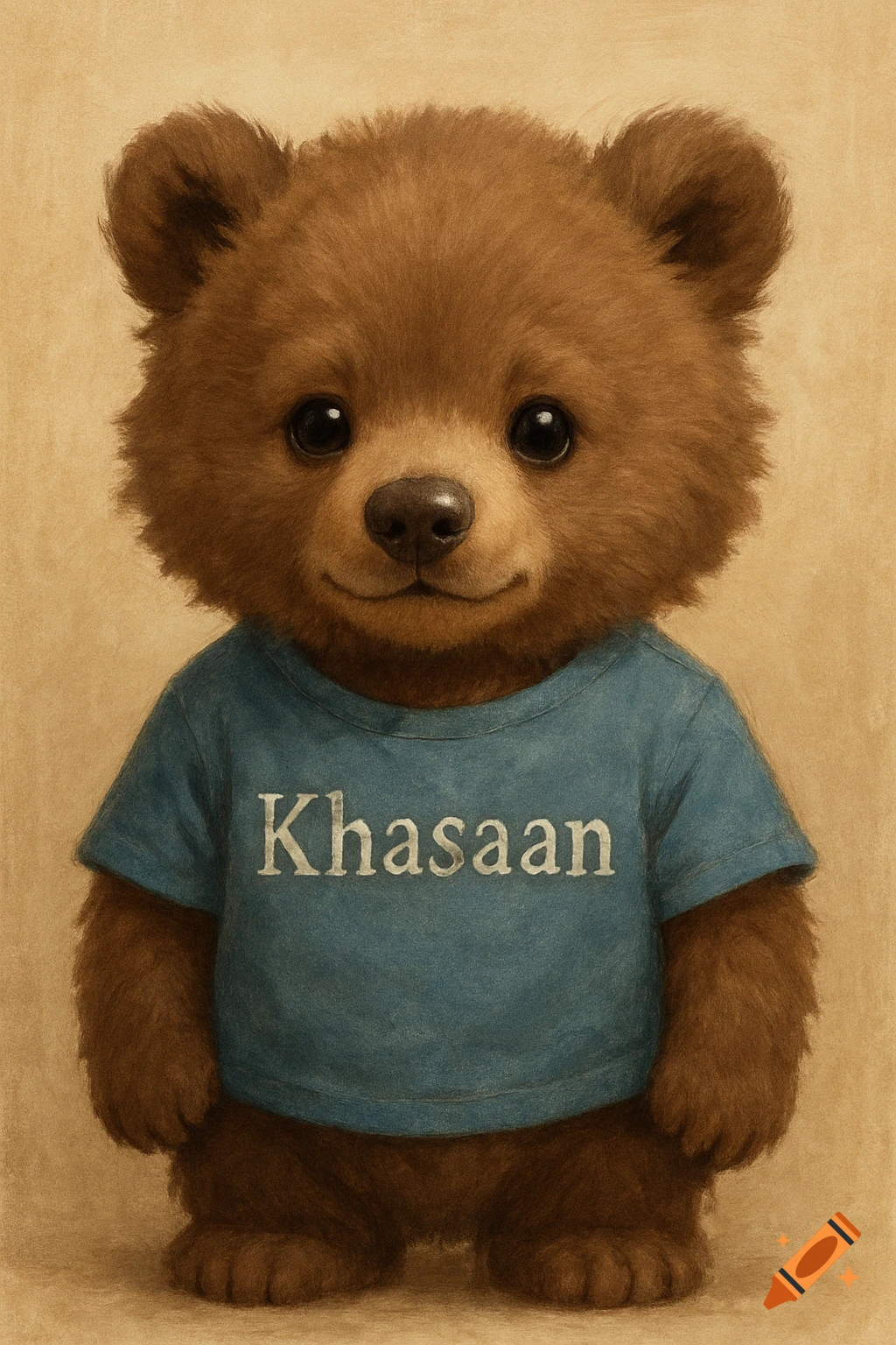A cute baby bear wears a blue shirt with Khasaan written on it.