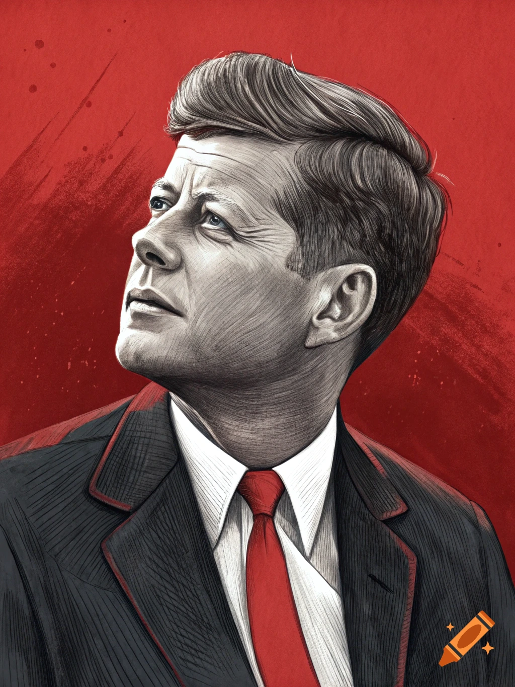 Illustration of JFK in a suit and red tie against a red background.