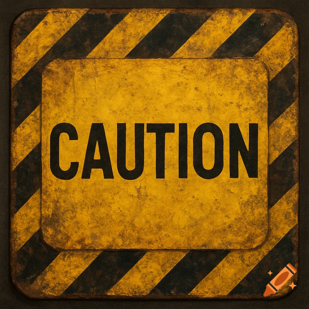 A grunge-style square caution sign with yellow and black stripes and the word CAUTION in black.
