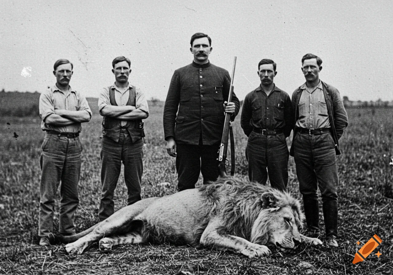 Old photograph of five men standing over a dead lion on grassy ground.