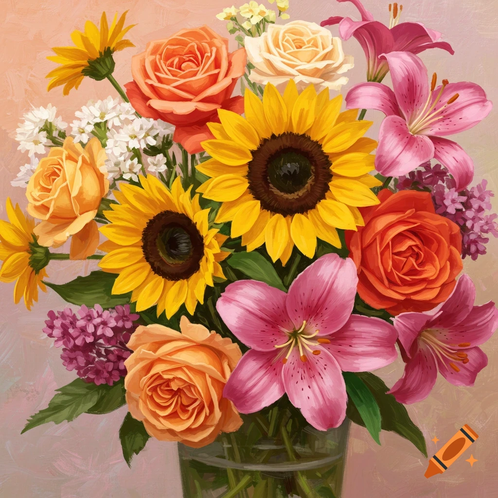 A vibrant image of a bouquet with sunflowers, roses, and lilies in a vase.