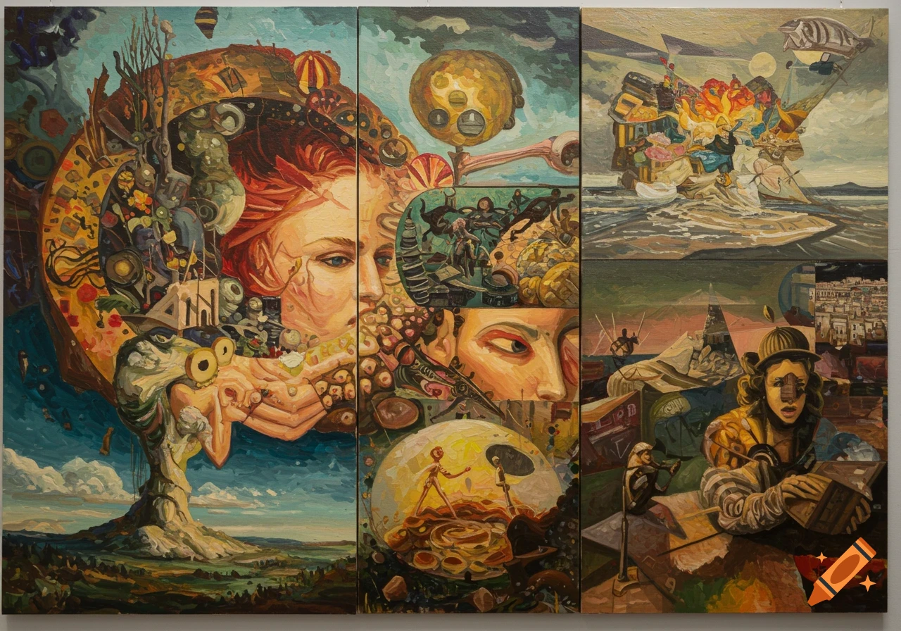 Surreal painting collage with faces, figures, and abstract objects in a landscape.