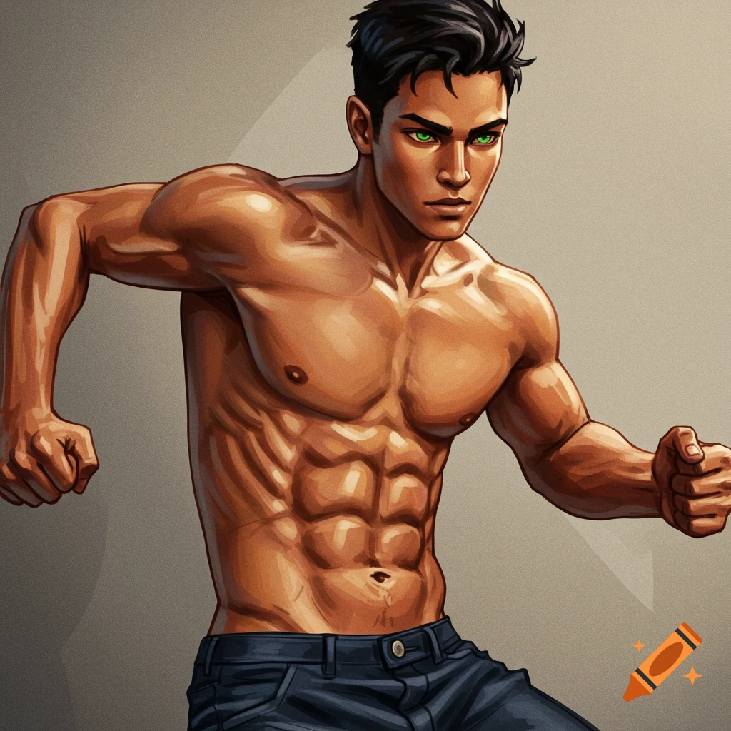 Illustrative portrait of a young man with abs and green eyes