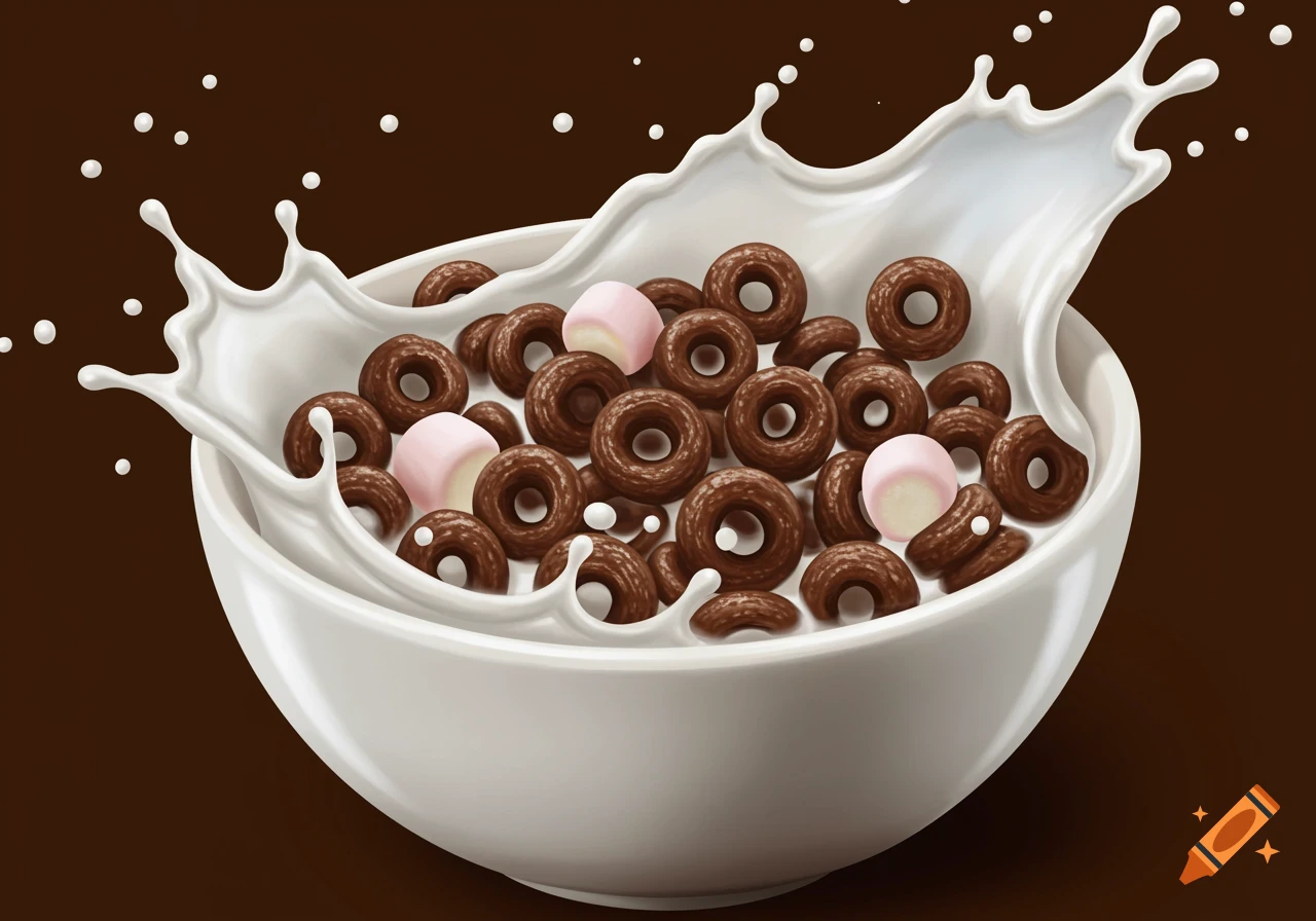 Chocolate cereal with marshmallows and milk splashing out of a bowl.
