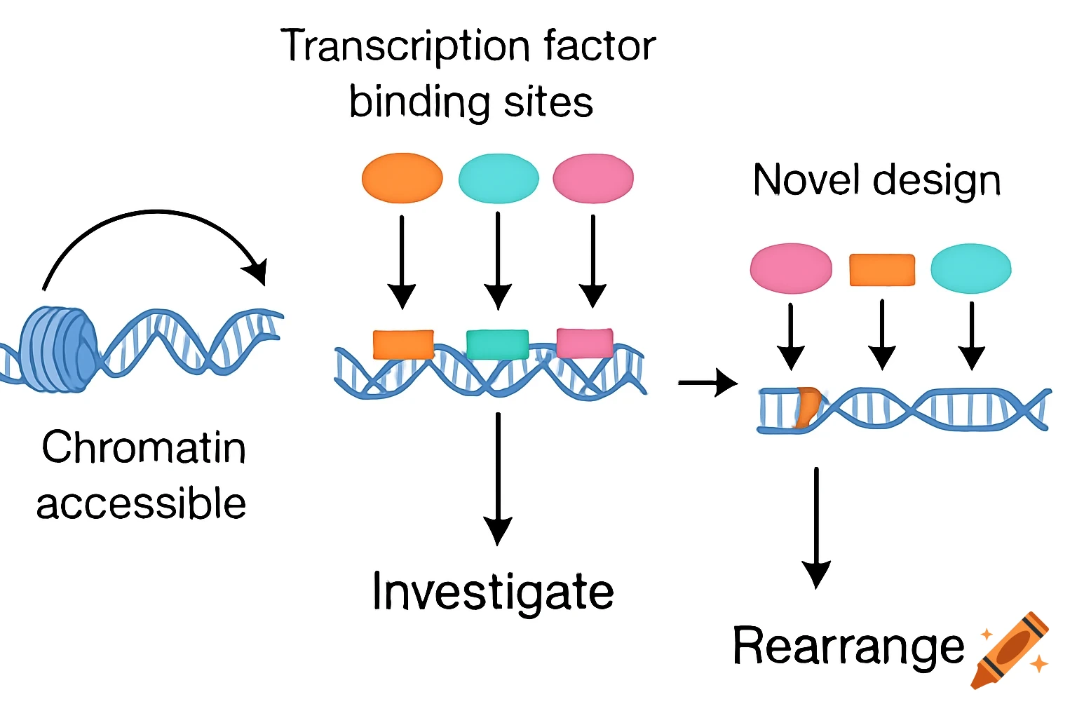 Diagram showing chromatin accessible DNA, transcription factor binding sites, investigation, novel design, and rearrangement.