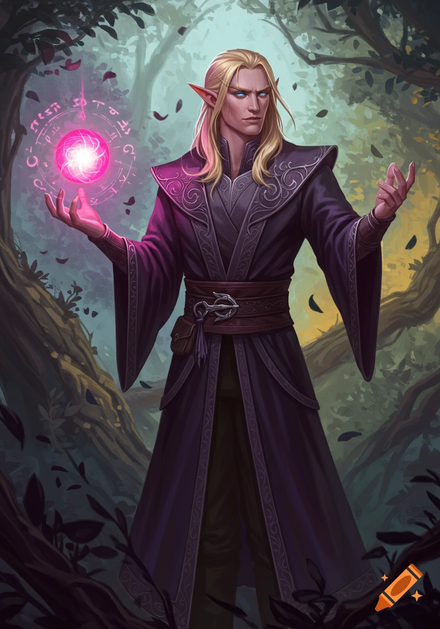 A tall blond male elf sorcerer in purple robes casting a pink spell in a forest.