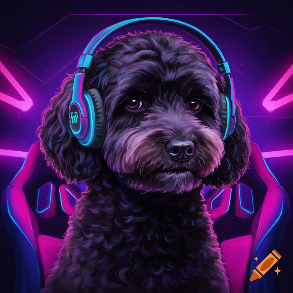Digital painting of a black Cockapoo wearing neon gaming headphones in a chair with cyberpunk neon lights in the background.