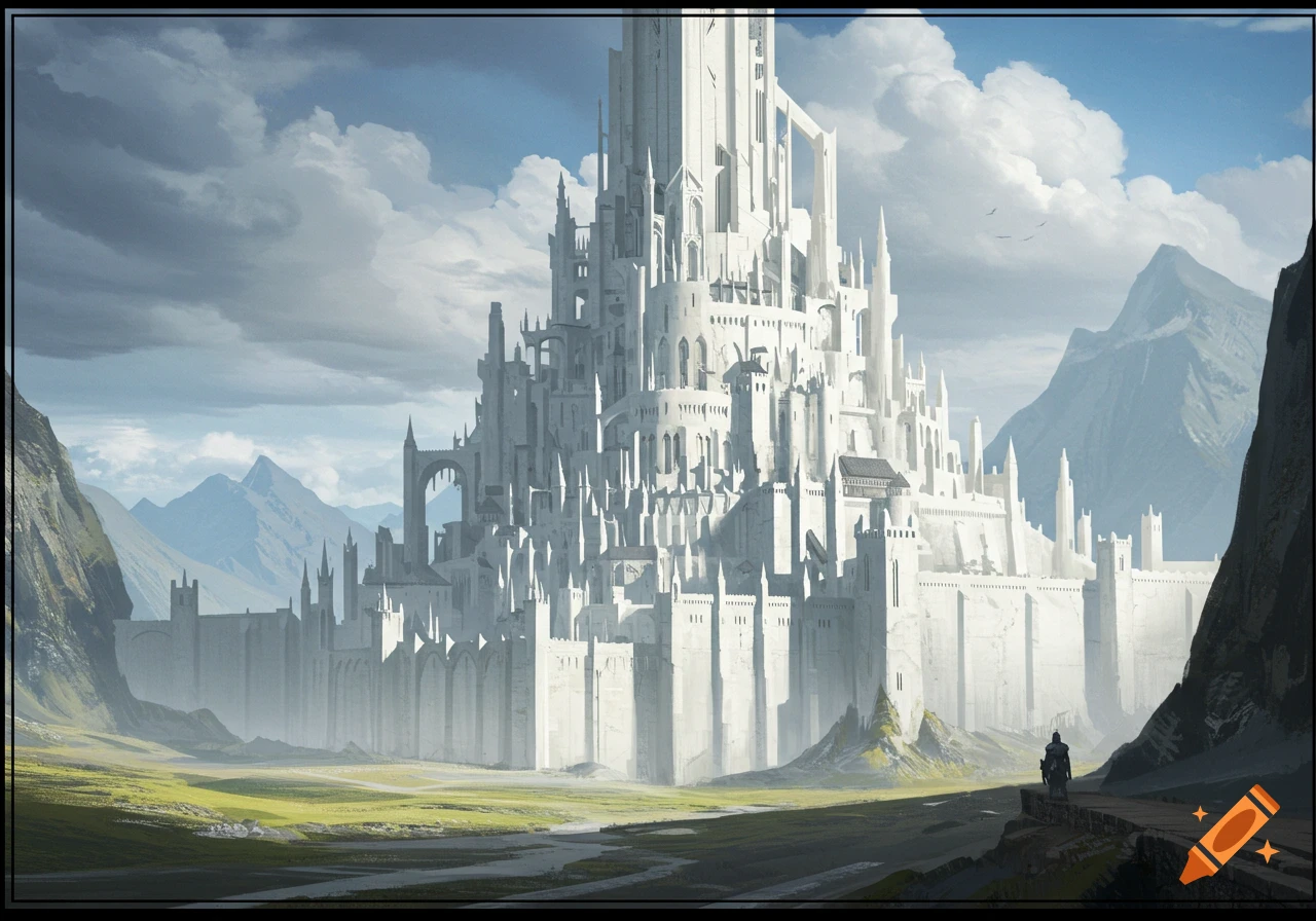 A massive white fantasy castle built into mountains, seen from a grassy valley with a lone figure on horseback