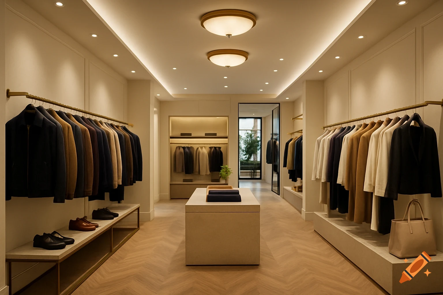 Interior of a premium clothing store with racks of clothes, shoes on display, and a central table.