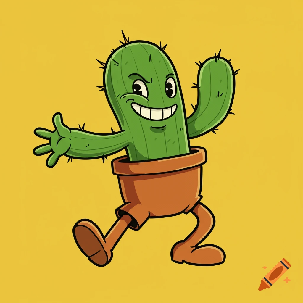 A cartoon cactus character wearing a pot as pants walks on a yellow background.