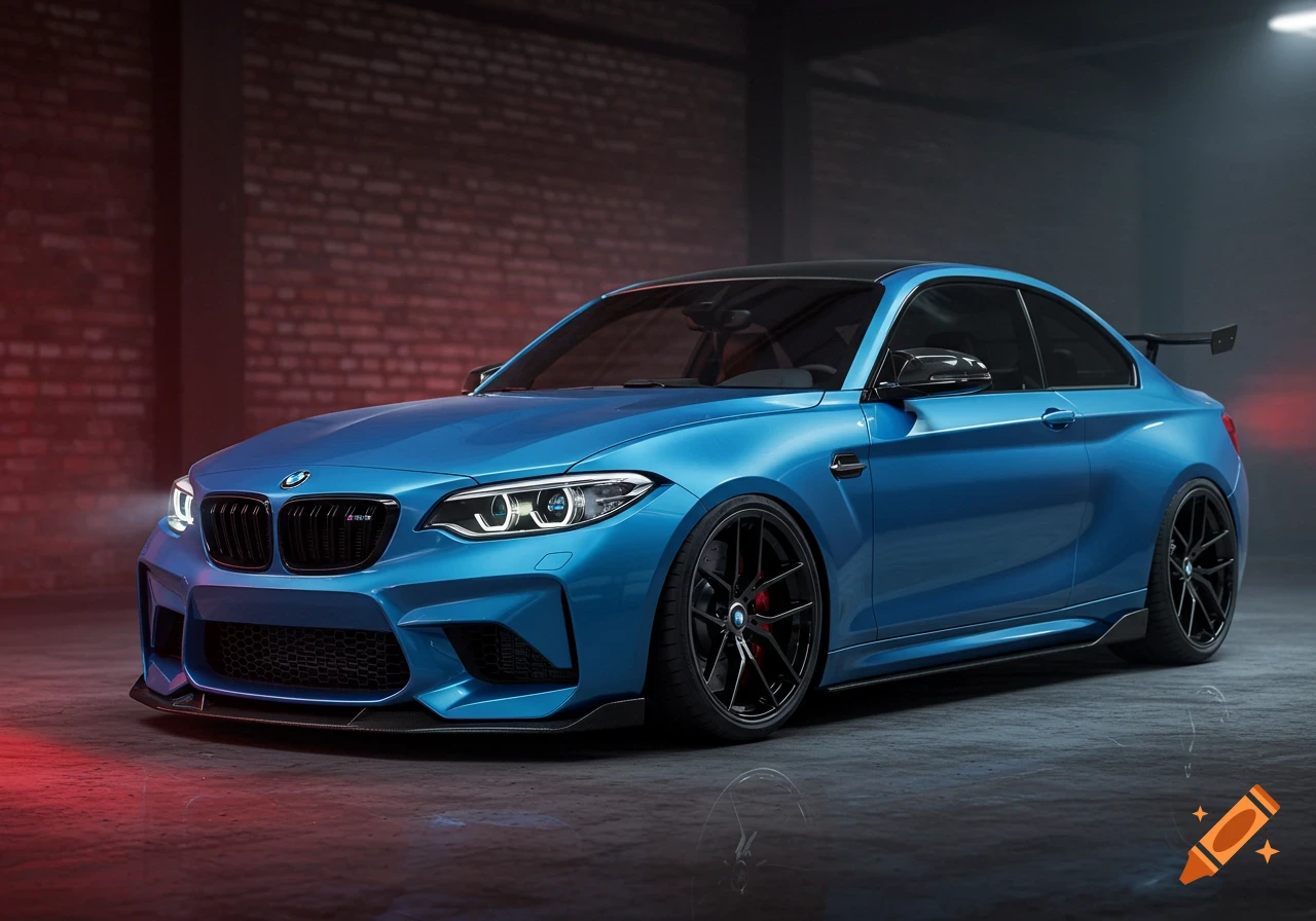 A blue lowered BMW M2 coupe parked in a garage.