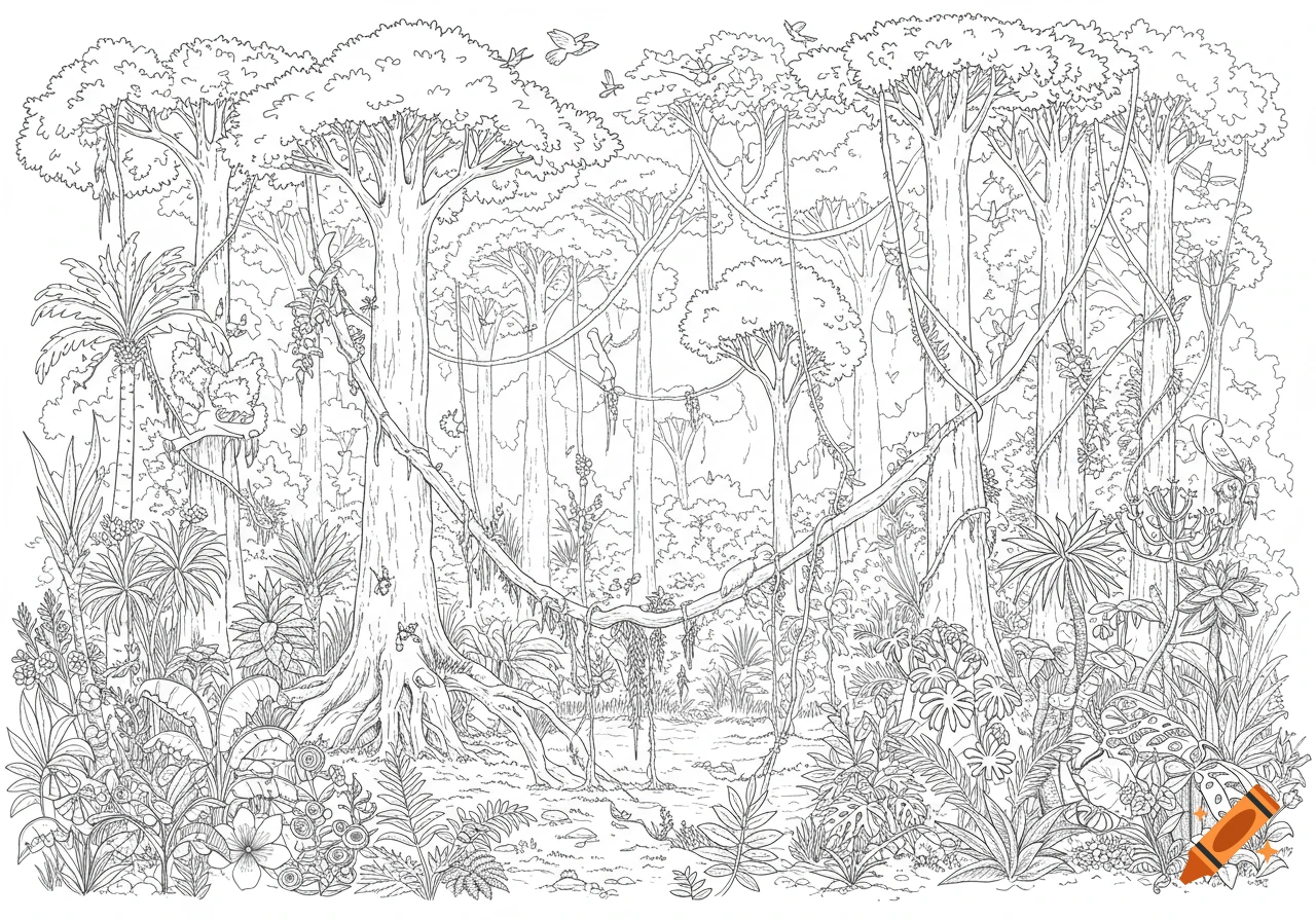 Black and white outline illustration of a dense rainforest with trees, vines, and foliage.