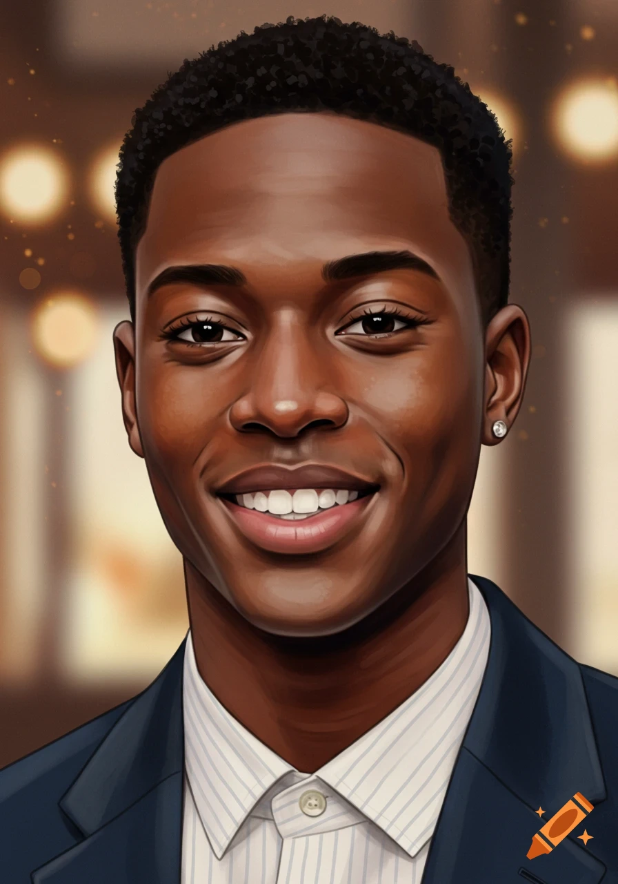 Portrait of a young Black man in a suit jacket and striped shirt smiling