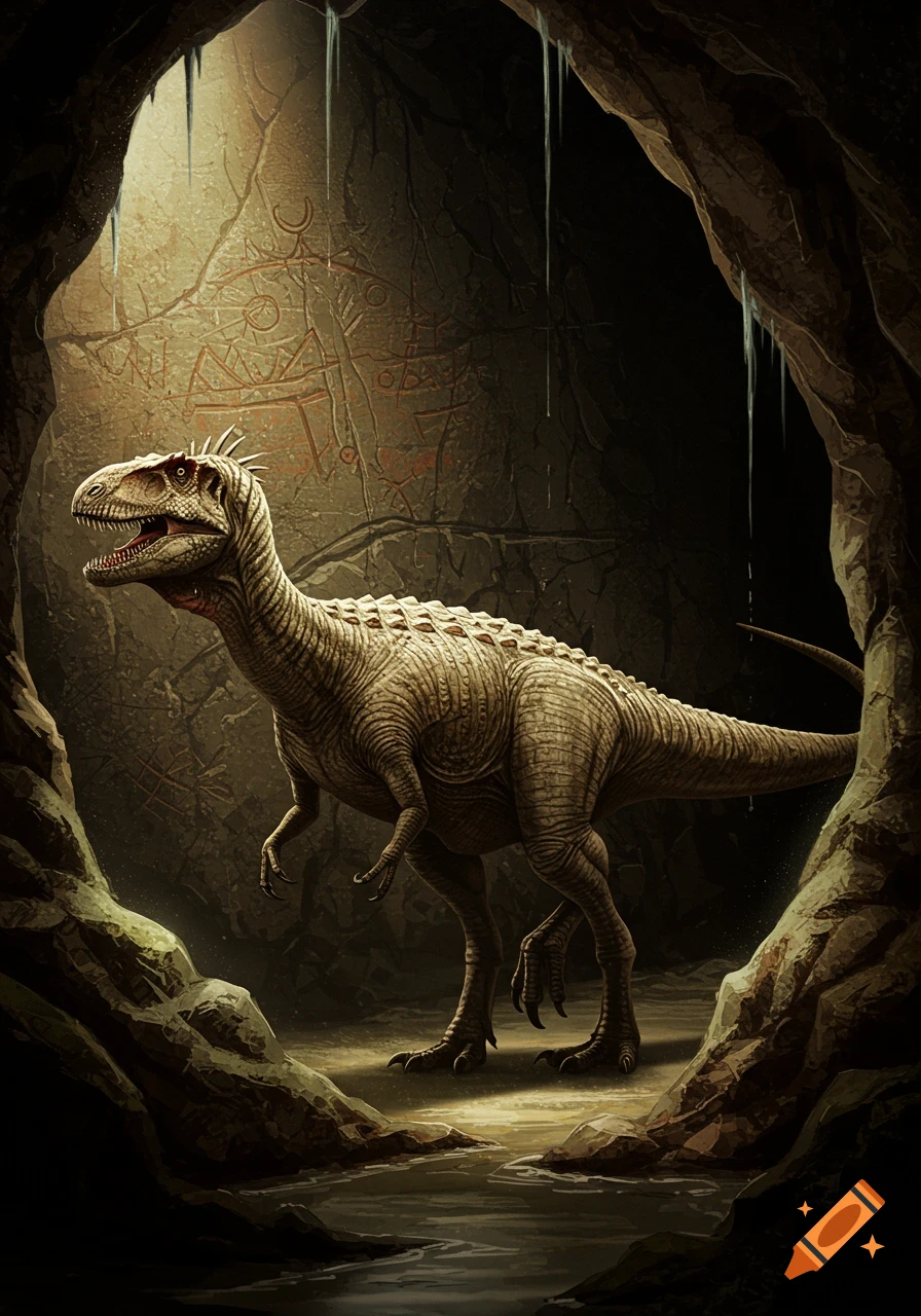 A dinosaur stands in a dimly lit cave with ancient symbols carved into the wall.