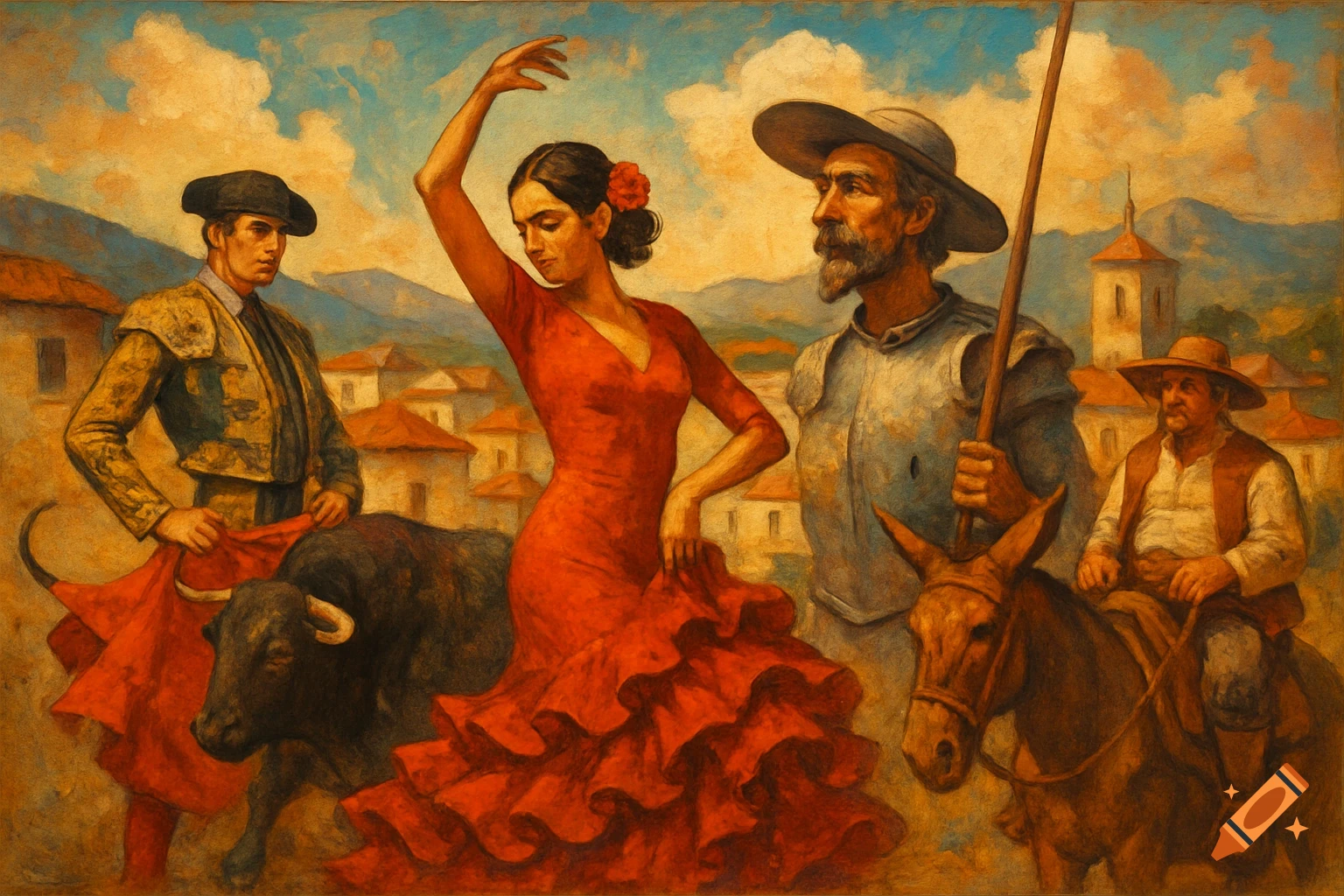 Painted scene of a flamenco dancer, bullfighter, and other figures in a Spanish village.