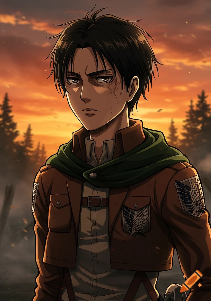 Anime portrait of a young man in an Attack on Titan Survey Corps uniform at sunset.