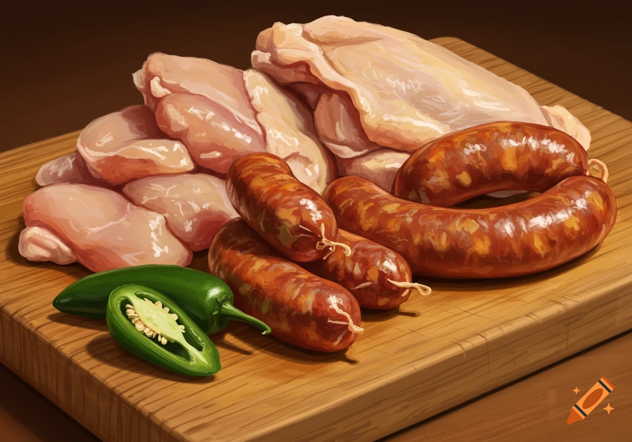 Raw chicken, Italian sausages, and jalapeños on a cutting board.
