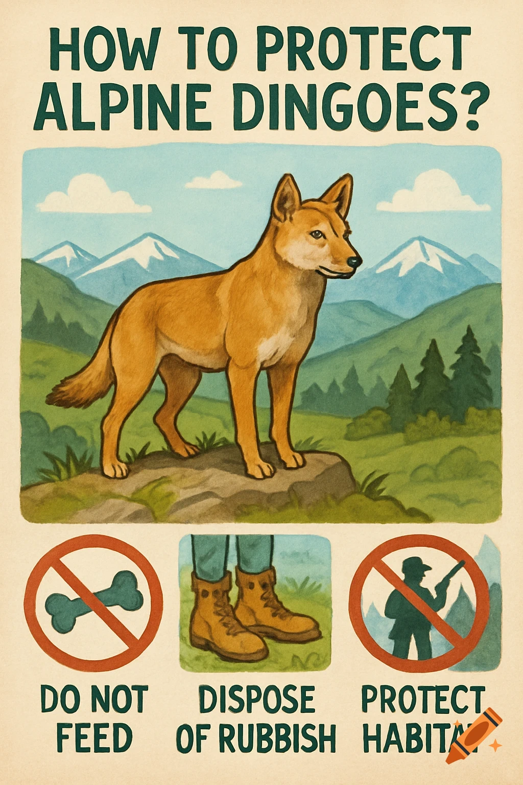 Poster shows a dingo in a mountain landscape & icons for 'Do Not Feed', 'Dispose of Rubbish', 'Protect Habitat'.