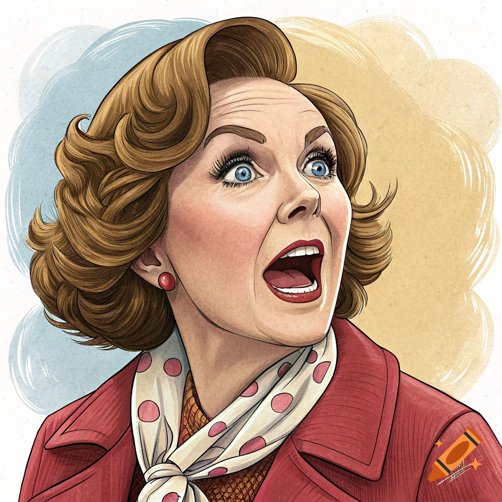 Illustration of a woman with brown hair and blue eyes, wearing red and polka dots, looking surprised with mouth open.