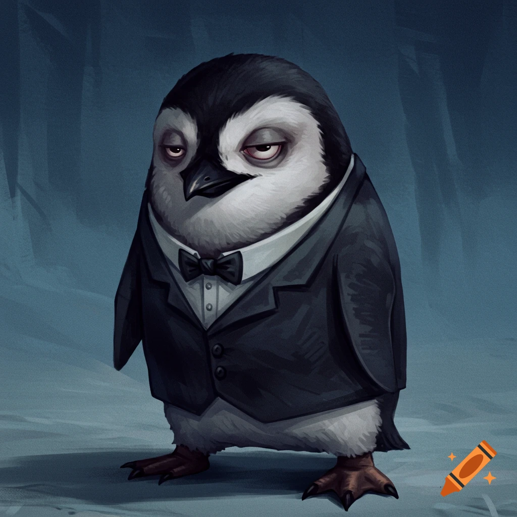 Illustration of a suspicious-looking penguin wearing a suit and bow tie