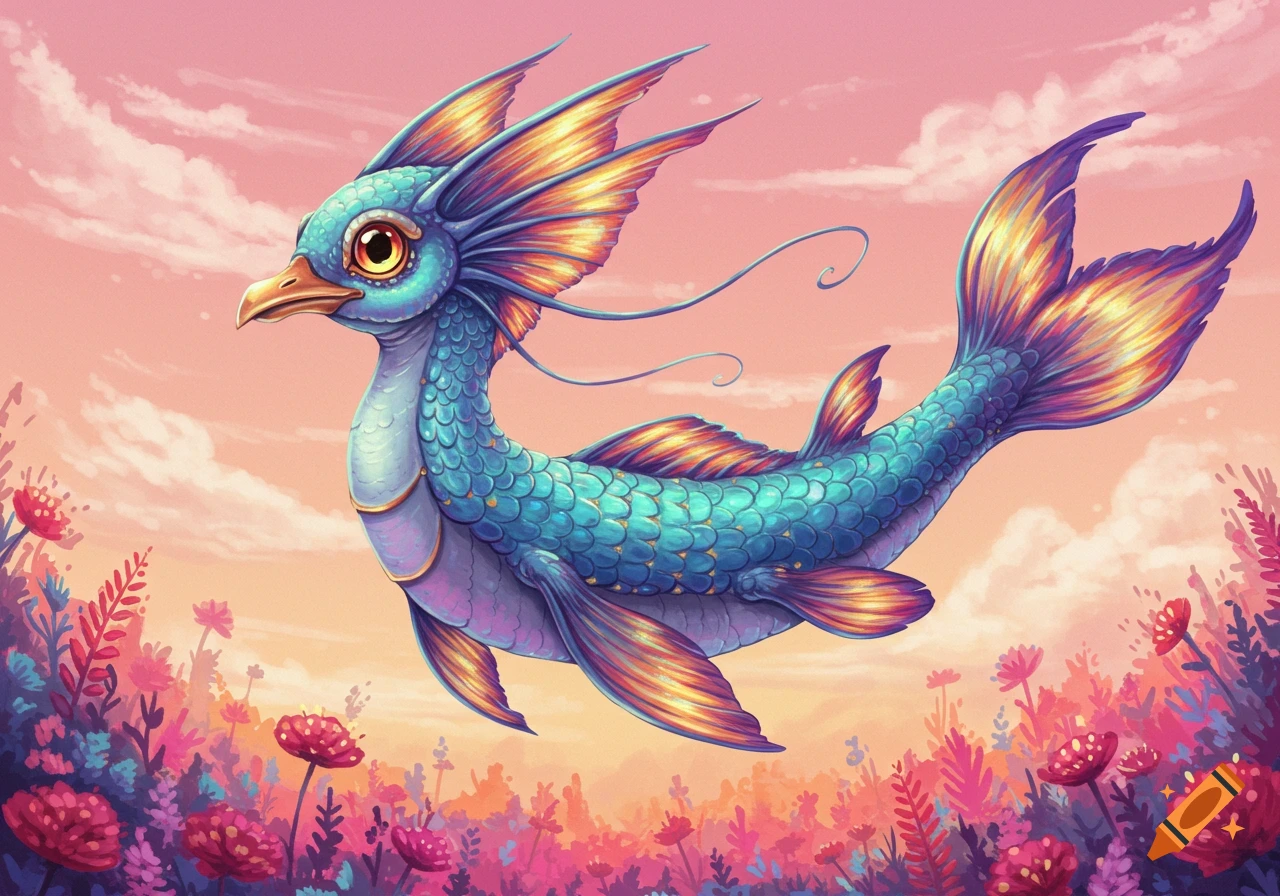 A blue and orange fantasy creature flying over colorful plants.