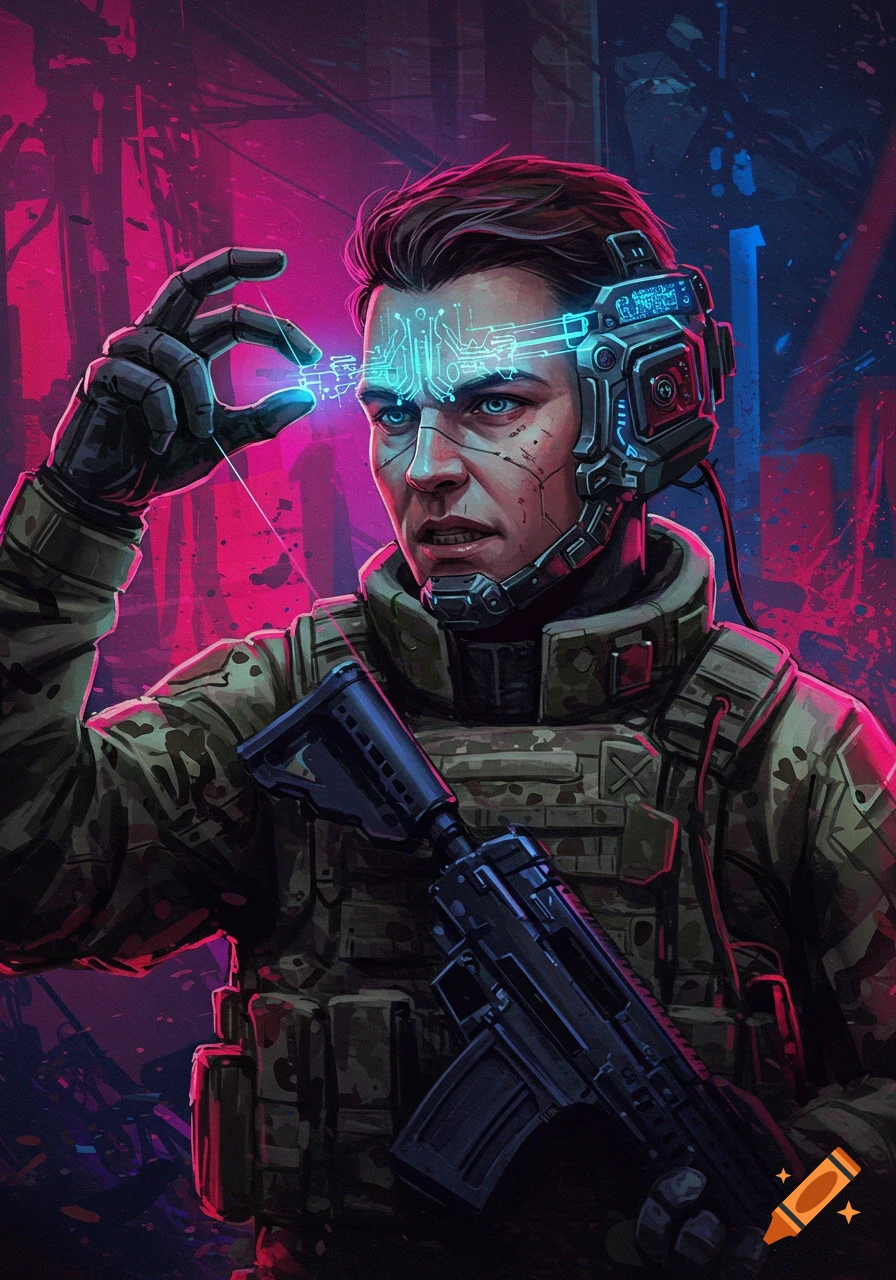 A soldier with cybernetic implants and a rifle in a futuristic city street with neon lights.