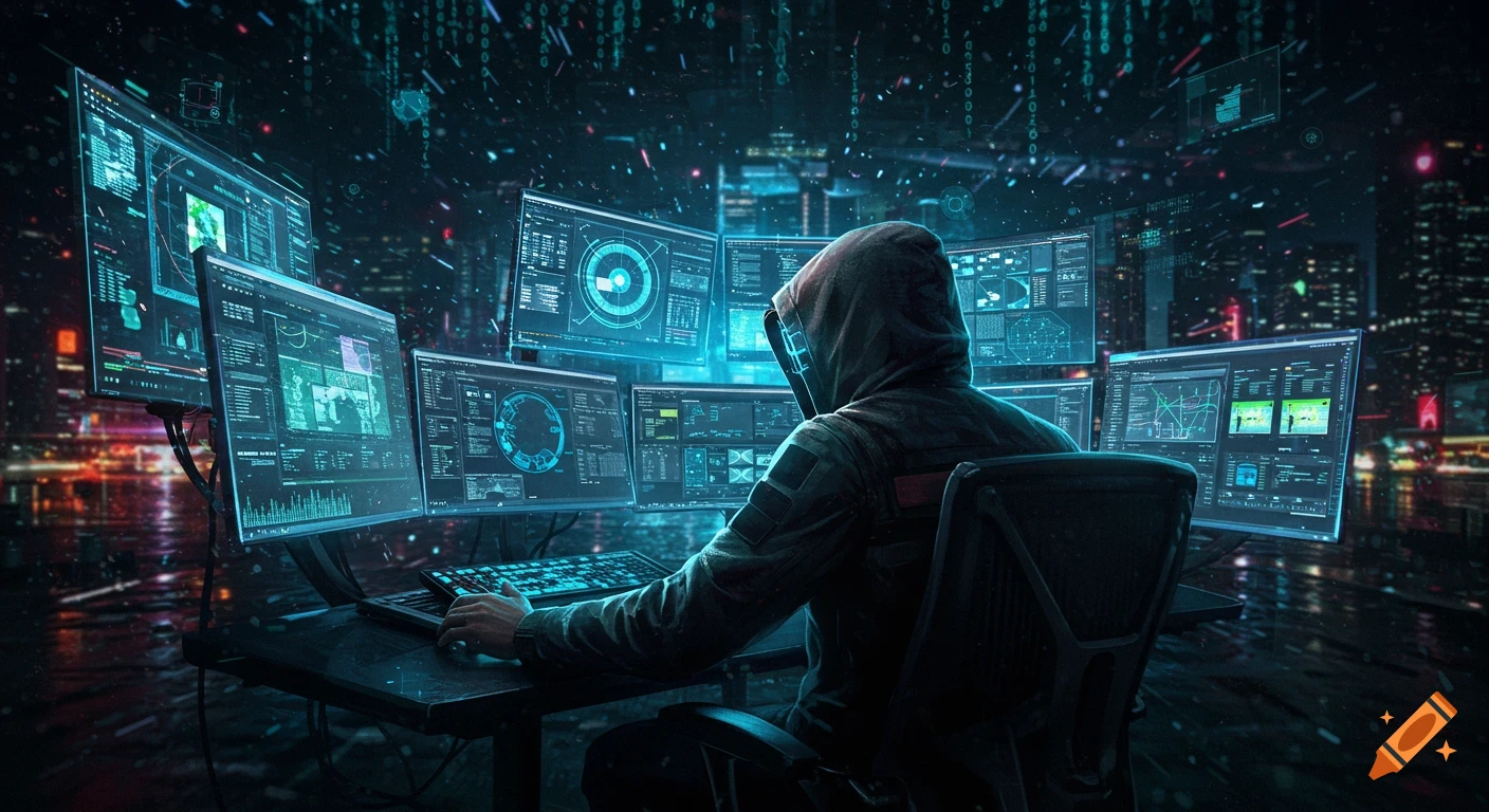 A hooded hacker sits at a desk with multiple screens in a dark cyberpunk city with glowing data streams.