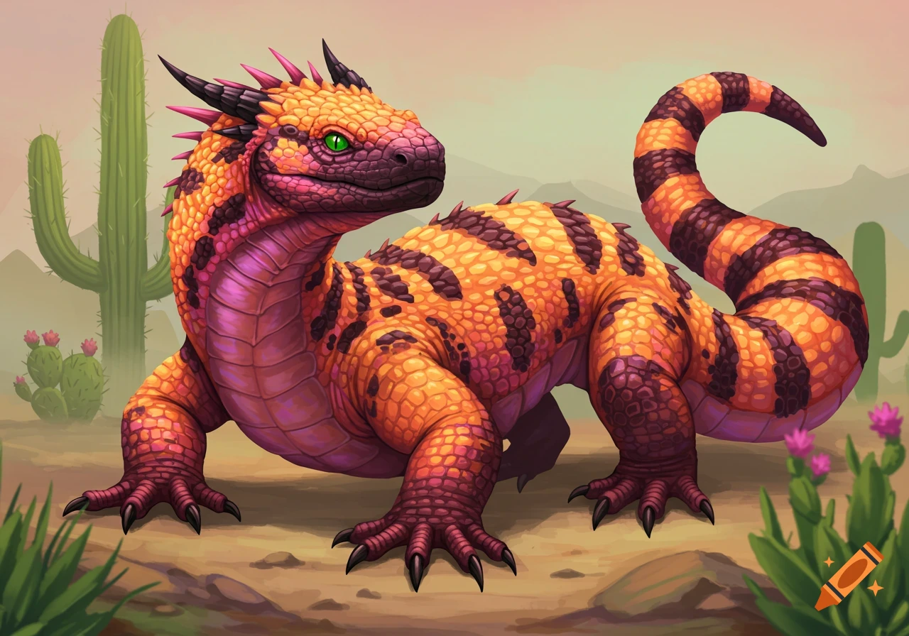 An orange and purple creature resembling a gila monster and dragon in a desert.