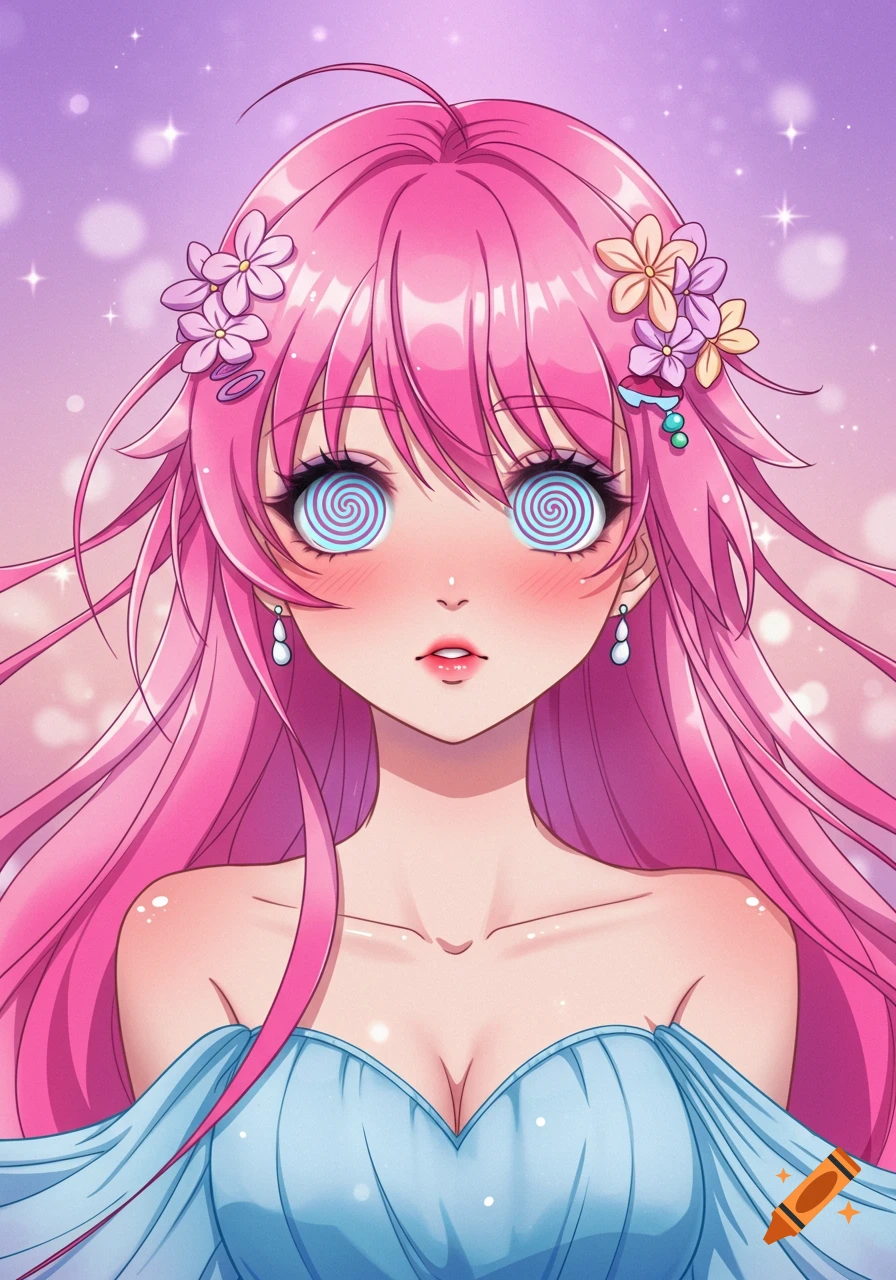 Anime portrait of a girl with pink hair, spiral eyes, blue dress, and flowers in her hair.